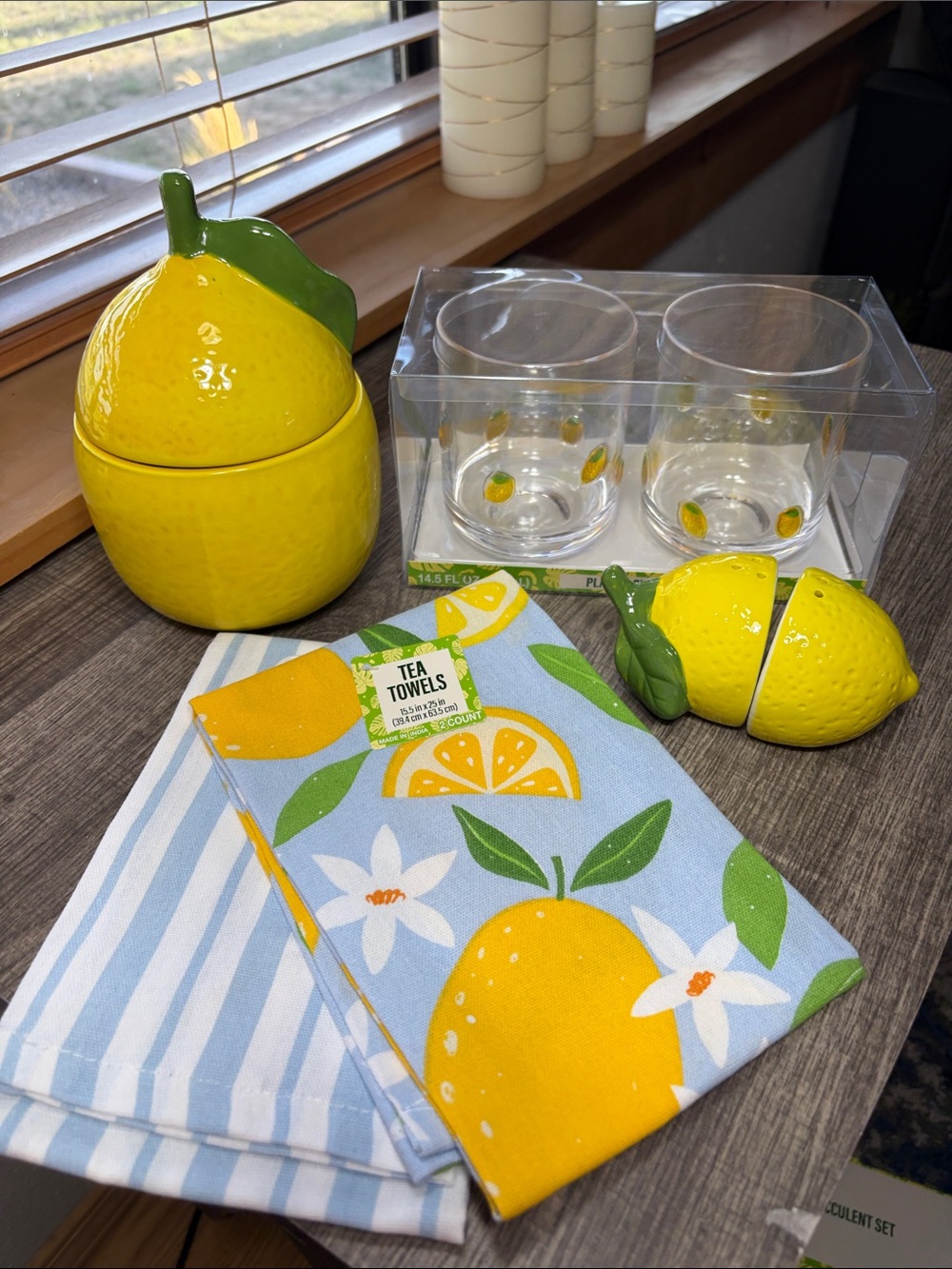 Lemon Kitchen Set with Towels, Jar, Salt & Pepper Shakers and 2 Plastic Glasses